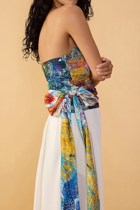 Saaksha & Kinni Multi Color Cotton, Silk Bandeau Neck Scribble Dense Strapless Amina Blouse at Aza Fashions Saaksha & Kinni_Multi Color Cotton, Silk Bandeau Neck Scribble Dense Strapless Amina Blouse _at_Aza_Fashions