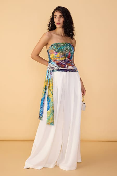 Saaksha & Kinni White Polyester Solid Saylor Palazzo Online at Aza Fashions Saaksha & Kinni_White Polyester Solid Saylor Palazzo _Online_at_Aza_Fashions