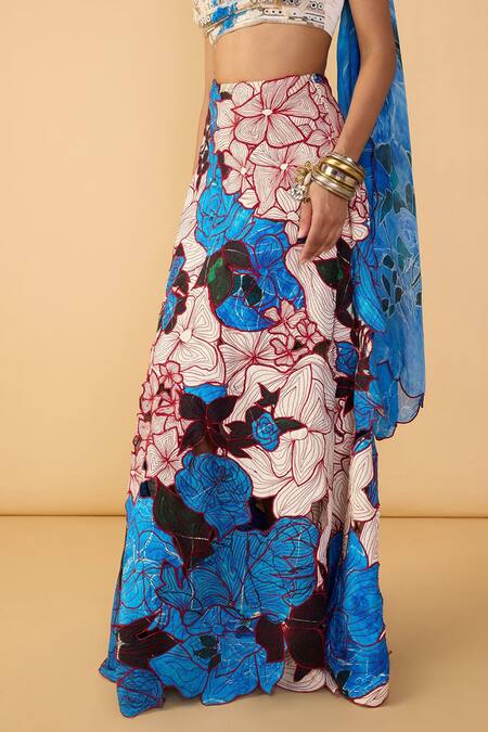 Saaksha & Kinni Blue Crepe, Cotton Embroidery, Cut Work, Applique Sachi Rose Print Lehenga Online at Aza Fashions Saaksha & Kinni_Blue Crepe, Cotton Embroidery, Cut Work, Applique Sachi Rose Print Lehenga _Online_at_Aza_Fashions