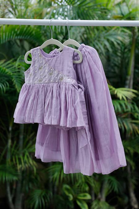Snuggleme Purple Chanderi Embroidery, Beads Floral Top With Lehenga 