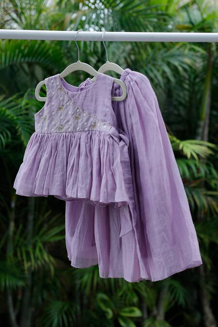 Shop_Snuggleme_Purple Chanderi Embroidery, Beads Floral Top With Lehenga _Online_at_Aza_Fashions