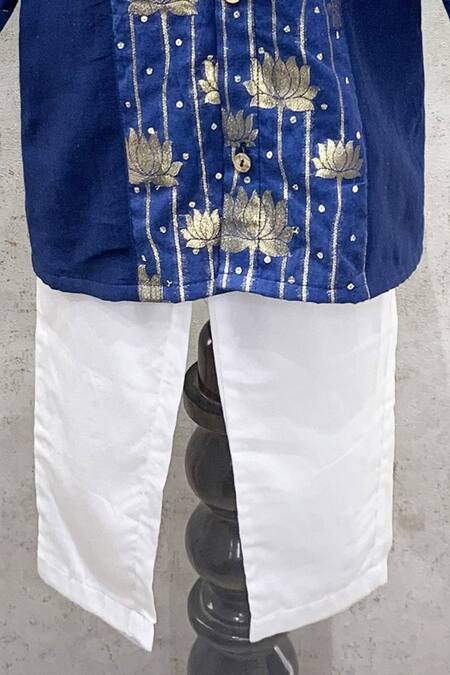 Snuggleme_Blue Chanderi, Cotton Foil Printing Lotus Front Open Kurta Set _Online_at_Aza_Fashions