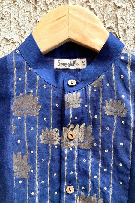 Buy_Snuggleme_Blue Chanderi, Cotton Foil Printing Lotus Front Open Kurta Set _Online_at_Aza_Fashions
