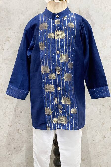 Shop_Snuggleme_Blue Chanderi, Cotton Foil Printing Lotus Front Open Kurta Set _Online_at_Aza_Fashions