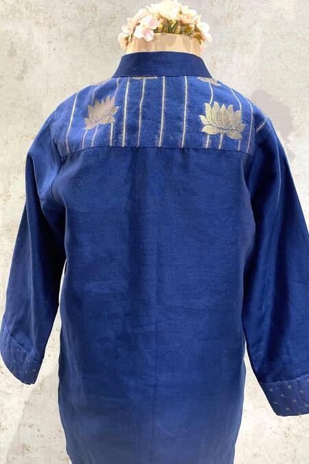 Snuggleme_Blue Chanderi, Cotton Foil Printing Lotus Patch Kurta Set _Online_at_Aza_Fashions