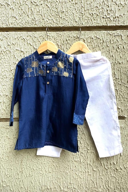 Snuggleme Blue Chanderi, Cotton Foil Printing Lotus Patch Kurta Set 