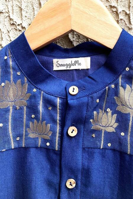 Buy_Snuggleme_Blue Chanderi, Cotton Foil Printing Lotus Patch Kurta Set _Online_at_Aza_Fashions