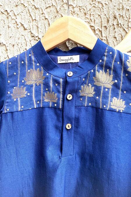 Shop_Snuggleme_Blue Chanderi, Cotton Foil Printing Lotus Patch Kurta Set _Online_at_Aza_Fashions