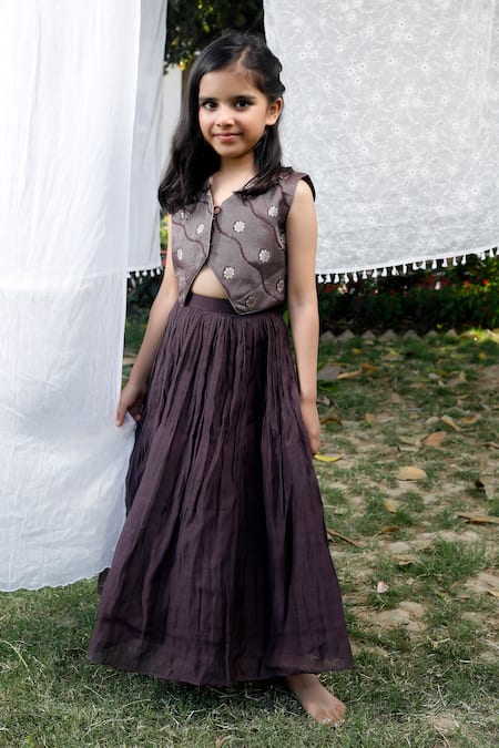 Snuggleme_Brown Chanderi Embroidery Floral Pattern Waistcoat With Lehenga _Online_at_Aza_Fashions