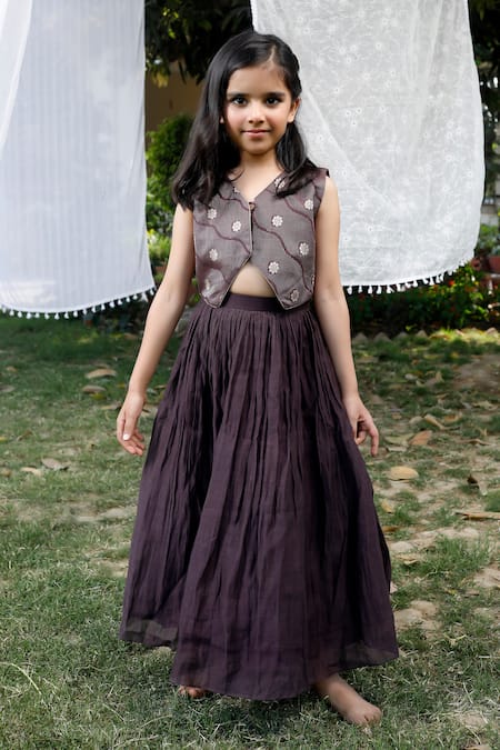 Snuggleme Brown Chanderi Embroidery Floral Pattern Waistcoat With Lehenga 