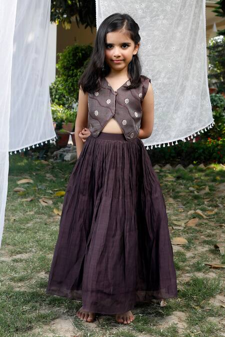 Buy_Snuggleme_Brown Chanderi Embroidery Floral Pattern Waistcoat With Lehenga _Online_at_Aza_Fashions