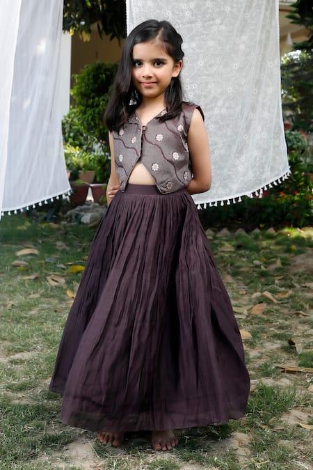Shop_Snuggleme_Brown Chanderi Embroidery Floral Pattern Waistcoat With Lehenga _Online_at_Aza_Fashions