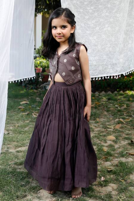 Snuggleme_Brown Chanderi Embroidery Floral Pattern Waistcoat With Lehenga _at_Aza_Fashions