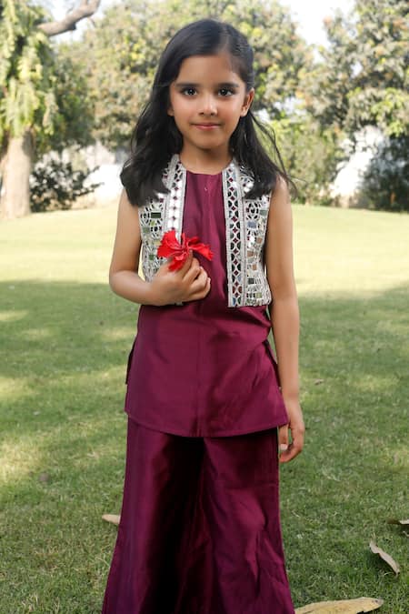 Snuggleme_Wine Chanderi Gota Patti Mirror Work Kurta With Flared Pant _Online_at_Aza_Fashions