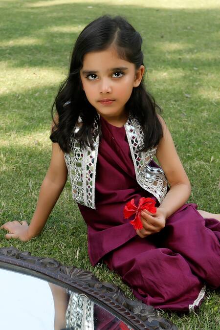 Buy_Snuggleme_Wine Chanderi Gota Patti Mirror Work Kurta With Flared Pant _Online_at_Aza_Fashions