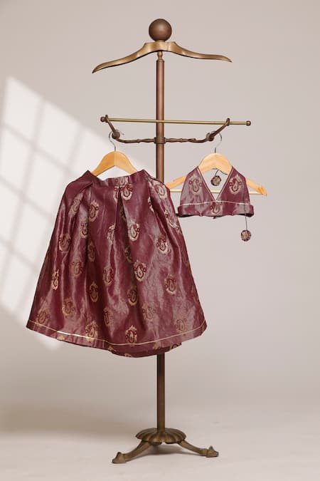 Snuggleme Brown Jacquard Metallic Thread, Embroidery, Floral Pattern Blouse With Lehenga 