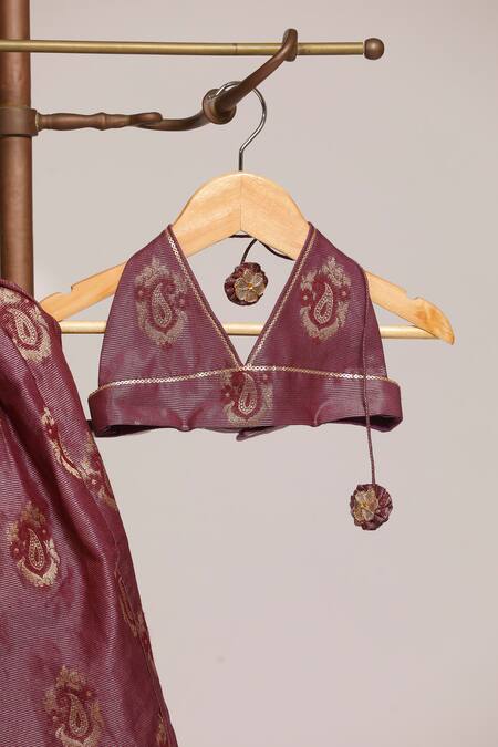 Snuggleme_Brown Jacquard Metallic Thread, Embroidery, Floral Pattern Blouse With Lehenga _Online_at_Aza_Fashions