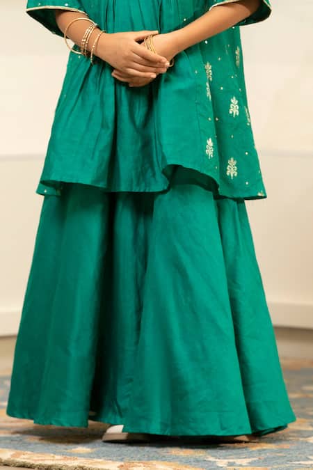 Snuggleme_Green Chanderi Embroidery, Sequins Floral Top With Lehenga _Online_at_Aza_Fashions