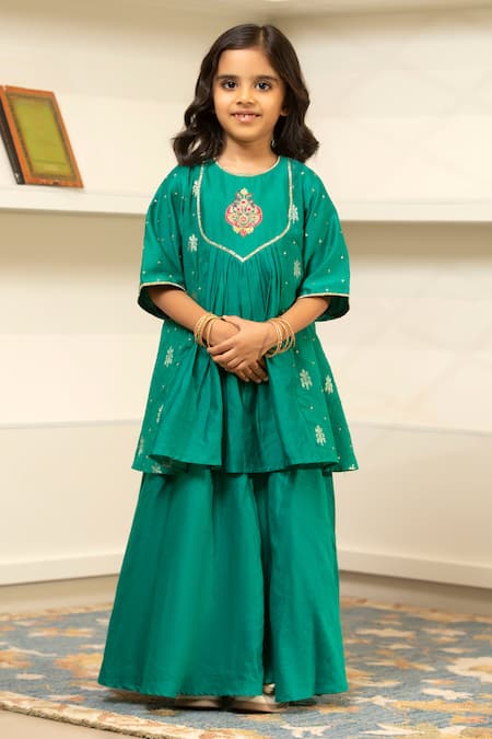 Buy_Snuggleme_Green Chanderi Embroidery, Sequins Floral Top With Lehenga _Online_at_Aza_Fashions