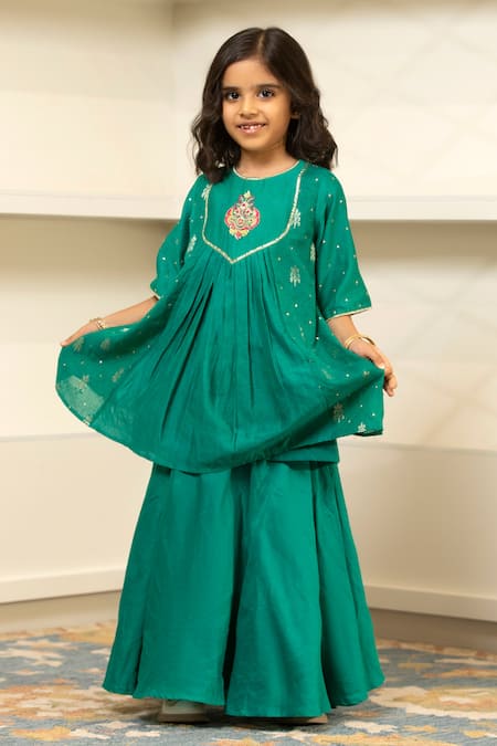 Shop_Snuggleme_Green Chanderi Embroidery, Sequins Floral Top With Lehenga _Online_at_Aza_Fashions