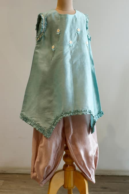Snuggleme Blue Chanderi Embroidery, Chains Floral Kurta With Dhoti Pant 