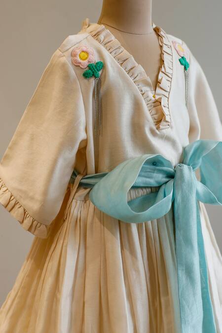 Shop_Snuggleme_Ivory Chanderi Embroidery, Chains Flower Dress _Online_at_Aza_Fashions