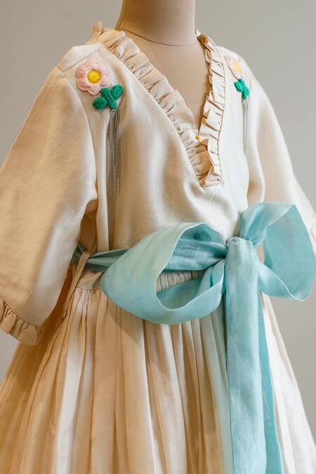 Snuggleme_Ivory Chanderi Embroidery, Chains Flower Dress _at_Aza_Fashions