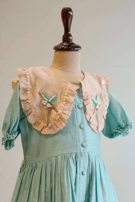 Buy_Snuggleme_Blue Chanderi, Silk Beads, Sequins, Embroidery Collar Dress _Online_at_Aza_Fashions