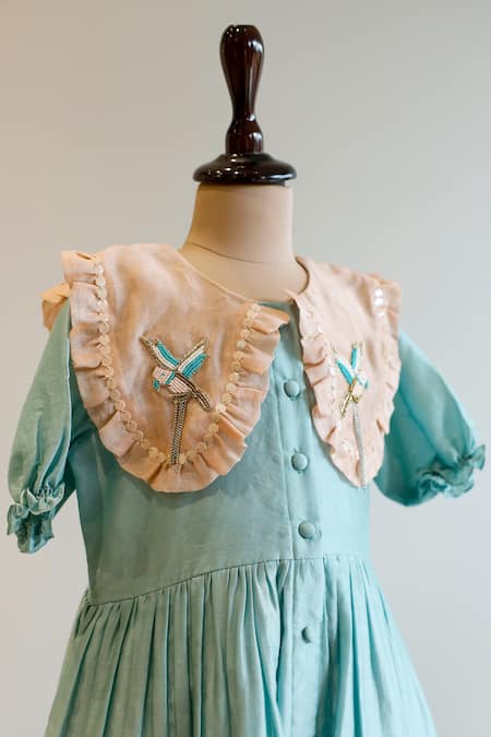 Shop_Snuggleme_Blue Chanderi, Silk Beads, Sequins, Embroidery Collar Dress _Online_at_Aza_Fashions