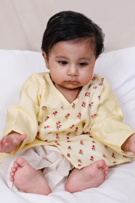 Snuggleme Yellow Chanderi Embroidery Rose Bud Angrakha Kurta And Dhoti Pant Set 