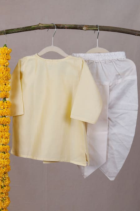 Snuggleme_Yellow Chanderi Embroidery Rose Bud Angrakha Kurta And Dhoti Pant Set _Online_at_Aza_Fashions