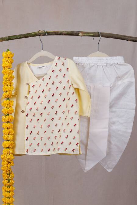 Buy_Snuggleme_Yellow Chanderi Embroidery Rose Bud Angrakha Kurta And Dhoti Pant Set _Online_at_Aza_Fashions