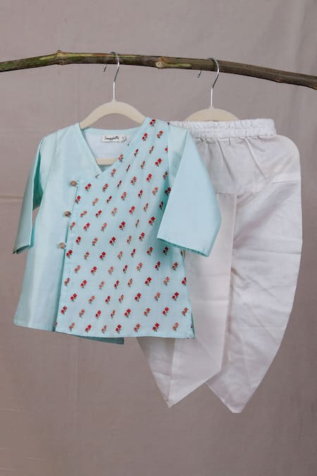 Buy_Snuggleme_Blue Chanderi Embroidery Rose Bud Angrakha Kurta And Dhoti Pant Set _Online_at_Aza_Fashions