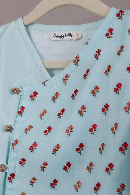 Shop_Snuggleme_Blue Chanderi Embroidery Rose Bud Angrakha Kurta And Dhoti Pant Set _Online_at_Aza_Fashions