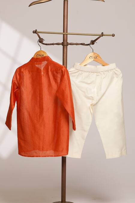 Shop_Snuggleme_Orange Chanderi Kurta And Pant Set _Online_at_Aza_Fashions