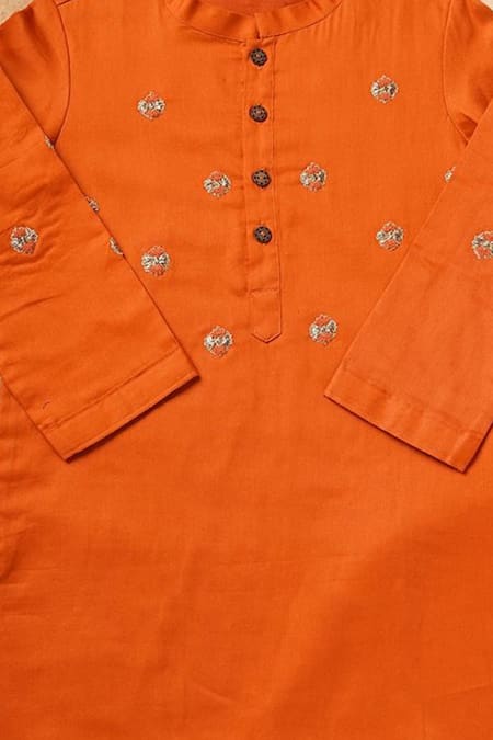 Snuggleme_Orange Cotton Embroidery Kurta With Pant _Online_at_Aza_Fashions