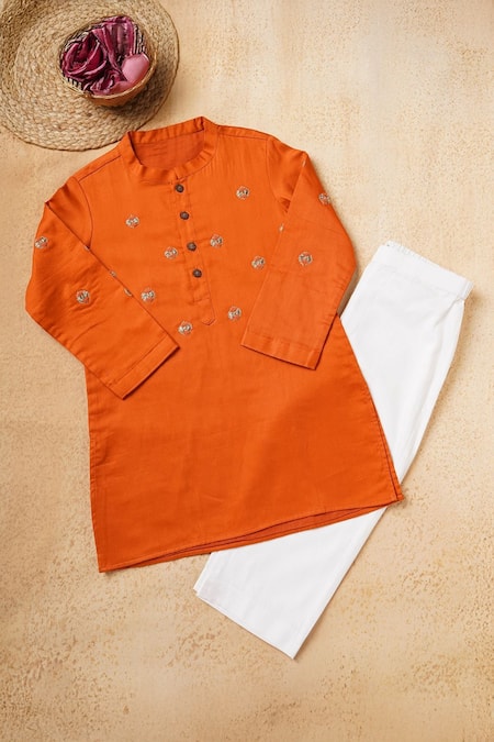 Snuggleme Orange Cotton Embroidery Kurta With Pant 