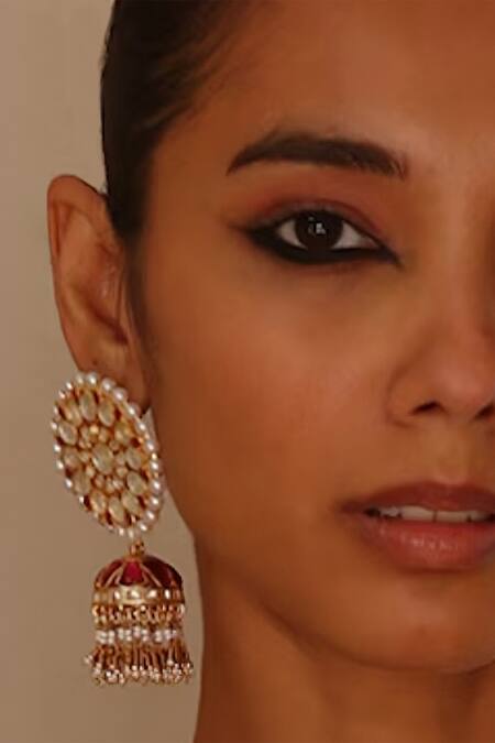 Maisara Jewelry_Gold Plated Rhinestones, Stones Ruby Embellished Jhumkas _Online_at_Aza_Fashions