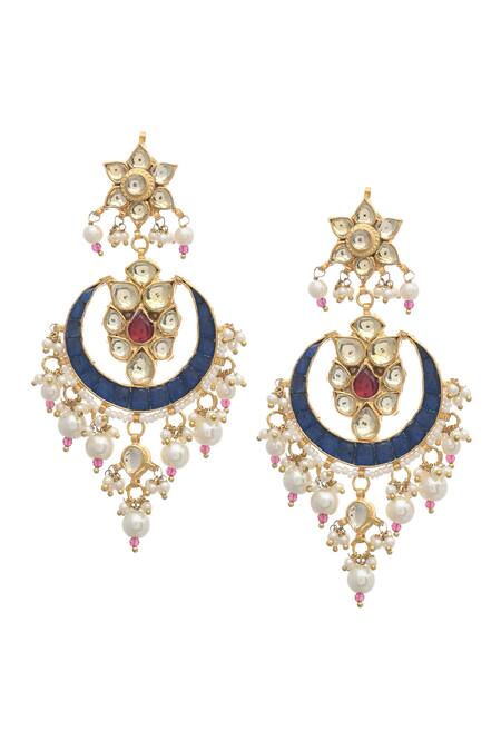 MAISARA JEWELRY_Blue Pearls, Stones Embellished Cut Work Chandbalis_Online_at_Aza_Fashions
