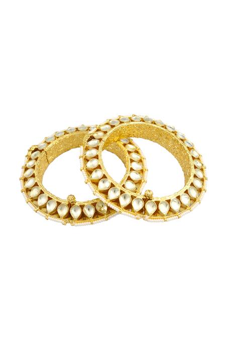 Shop_MAISARA JEWELRY_Gold Plated Imitation Diamonds Kundan Embellished 2 Pcs Bangles_at_Aza_Fashions
