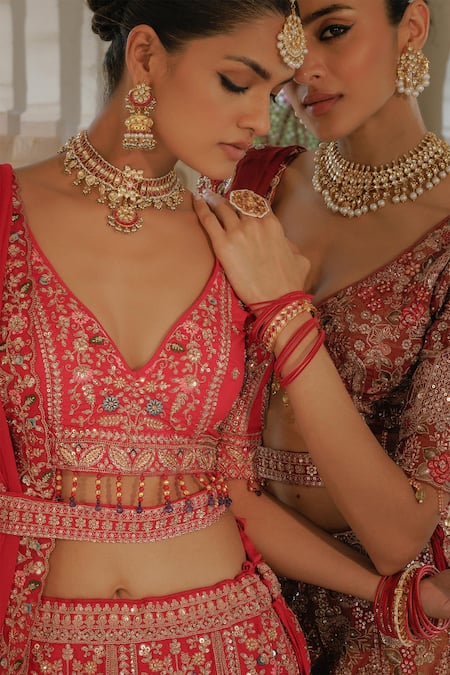 Buy_MAISARA JEWELRY_Red Stones, Beads, Pearls Geometric Cut Work Jadau Necklace Set 