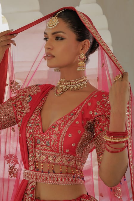 Shop_MAISARA JEWELRY_Red Stones, Beads, Pearls Geometric Cut Work Jadau Necklace Set 