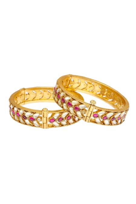 Buy MAISARA JEWELRY Red Stones Leaf Carved Cutwork Bangles - Set Of 2 Online at Aza Fashions Buy_MAISARA JEWELRY_Red Stones Leaf Carved Cutwork Bangles - Set Of 2 _Online_at_Aza_Fashions