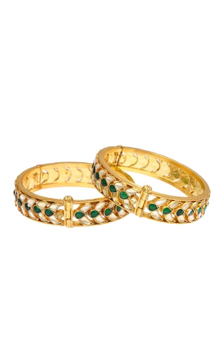 Shop_MAISARA JEWELRY_Green Stones Leaf Carved Bangles - Set Of 2 _at_Aza_Fashions