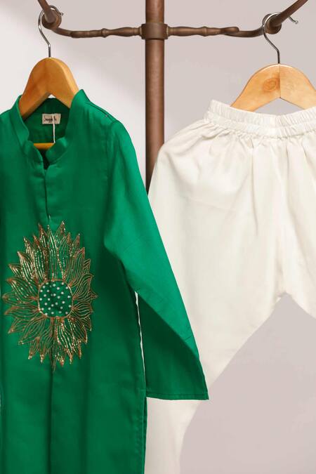 Snuggleme_Green Cotton Embroidery Kurta With Pyjama _Online_at_Aza_Fashions
