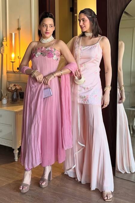 House Of TA-YA Pink Cotton Satin, Georgette, Net Floral Print Short Kurta Sharara Set at Aza Fashions House Of TA-YA_Pink Cotton Satin, Georgette, Net Floral Print Short Kurta Sharara Set _at_Aza_Fashions