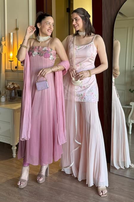 Buy House Of TA-YA Pink Cotton Satin, Georgette, Net Floral Print Short Kurta Sharara Set Buy_House Of TA-YA_Pink Cotton Satin, Georgette, Net Floral Print Short Kurta Sharara Set