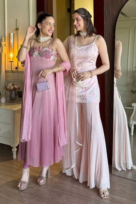 Shop House Of TA-YA Maroon Georgette, Chiffon Embroidery Square Neck Thread Ombre Anarkali Set Shop_House Of TA-YA_Maroon Georgette, Chiffon Embroidery Square Neck Thread Ombre Anarkali Set