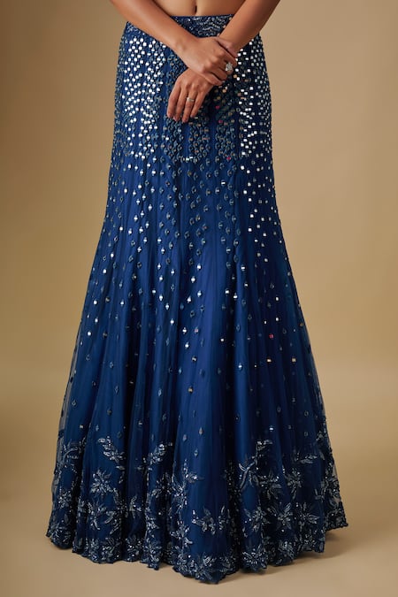 Asaga_Blue Satin, Organza, Tulle, Chinon, Crepe Mirrors, Embroidery, Lehenga Set _Online_at_Aza_Fashions