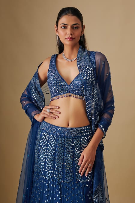 Buy_Asaga_Blue Satin, Organza, Tulle, Chinon, Crepe Mirrors, Embroidery, Lehenga Set _Online_at_Aza_Fashions